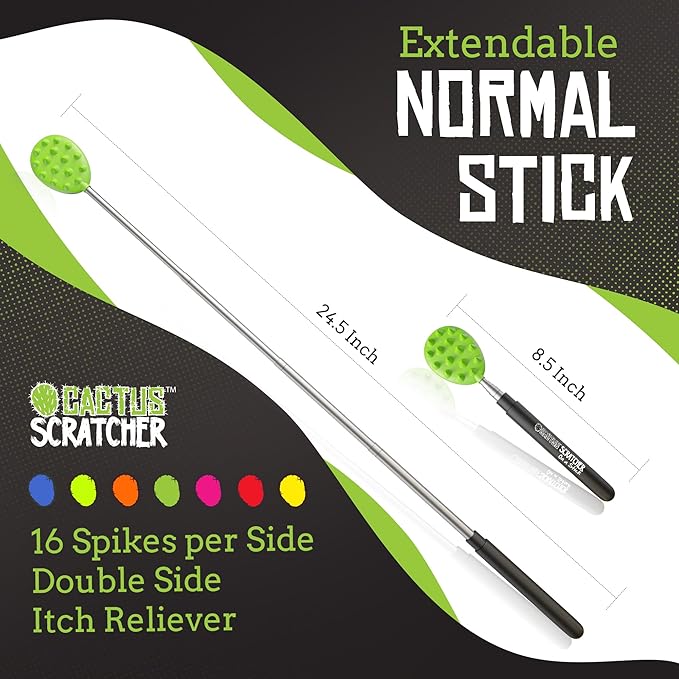 Cactus Scratcher Extendable Telescopic Back Scratcher - Extends 25" Long Double Sided Retractable Scratching Tool for Hand, Neck, Head, and Body - Universal Gift for Family, Pets, and Friends, Green