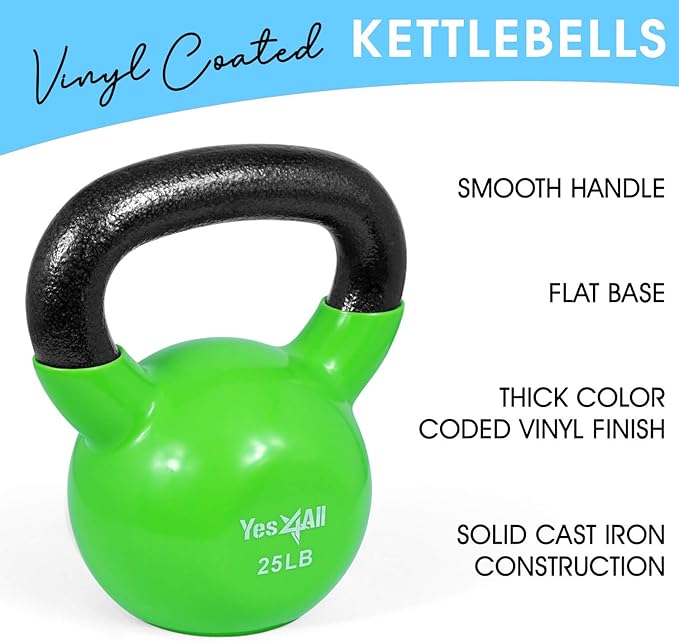 Yes4All Kettlebell, Vinyl Coated Kettlebell Cast Iron Sets with Stable Flat Bottom for Full Body Workout, Push up, Grip Strength Training & Weights Exercises