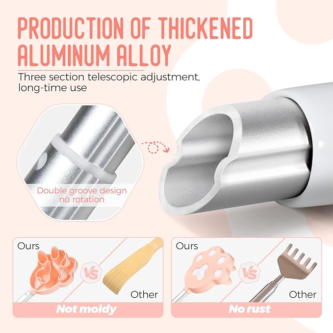 Portable Extendable Back Scratcher for Men and Women, 9 to 27 inches Long Telescoping Handle, Cute Cat Claw Head, Manual Head Neck Foot Back Scratcher (Pink)