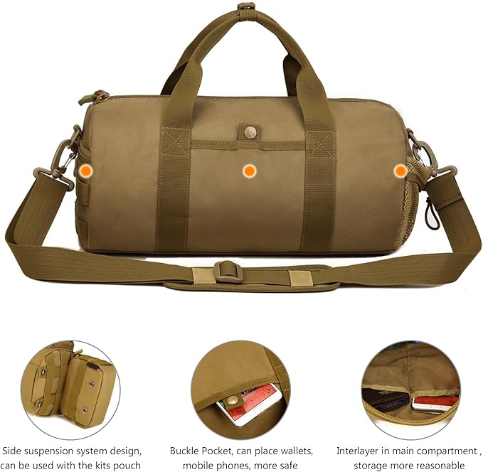 ArcEnCiel Small Tactical Duffle Bag Men Gym Pack Military Molle Shoulder Bags Shoes Storage Sports Handbag with Patch (Coyote Brown)