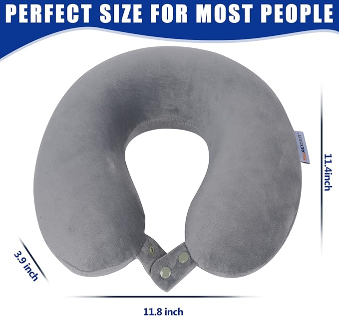 SAIREIDER Travel Pillows for Sleeping Airplane 100% Pure Memory Foam Neck Pillow for Airplanes Washable Cover(Grey)