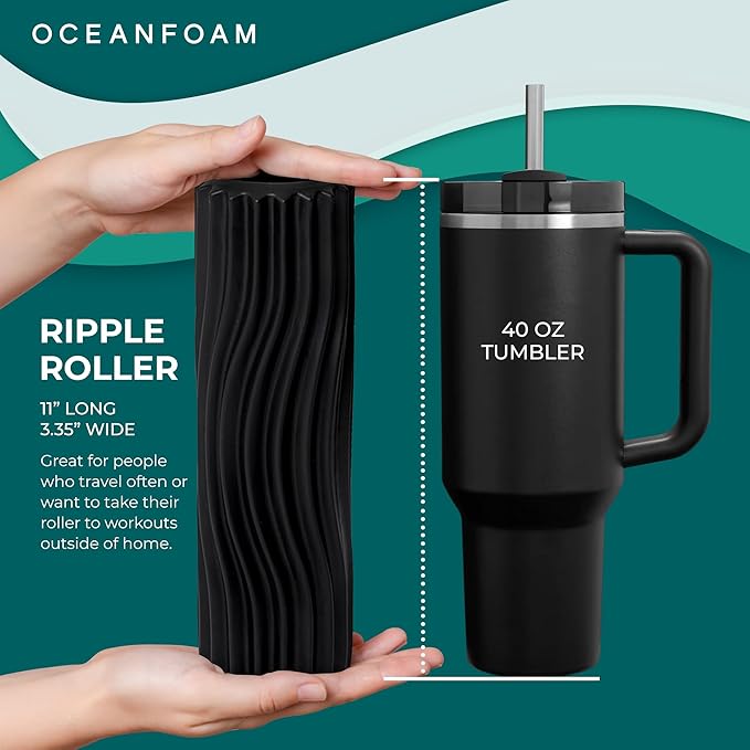 Oceanfoam Ripple Travel Foam Roller (11" x 3.35") Firm Mini Foam Roller for Physical Therapy, Deep Tissue Massage, Back Pain - High Density, Ergonomic Wave Textured - Yoga, Pilates, Exercise (Black)