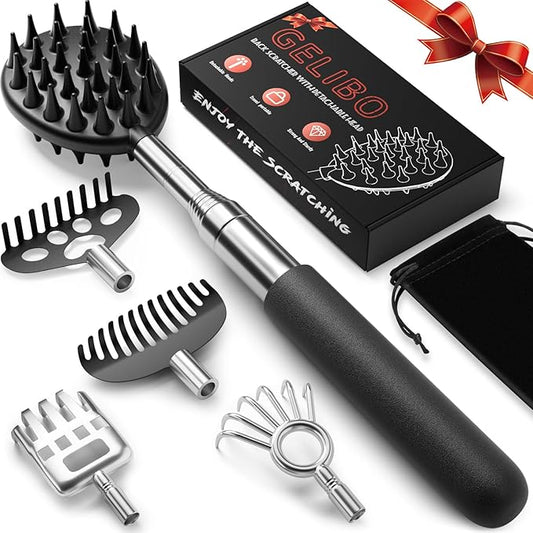 Gelibo Large Telescoping Back Scratcher with 5Pcs Detachable Heads, Birthday Christmas Gifts for Mens Gifts,Husband, Women, Extendable Back Massager Tool with Beautiful Box - Black