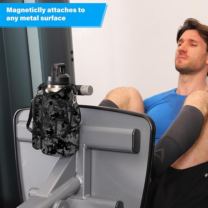 icolor Magnetic Gym Bag Water Bottle Carrier Holder with Phone Pockets & Shoulder Strap,Gym Magnetic Bag 5 Built-in Magnets Gym Accessories Organizer Magnetic Bottle Pouch Sleeve for Men Women