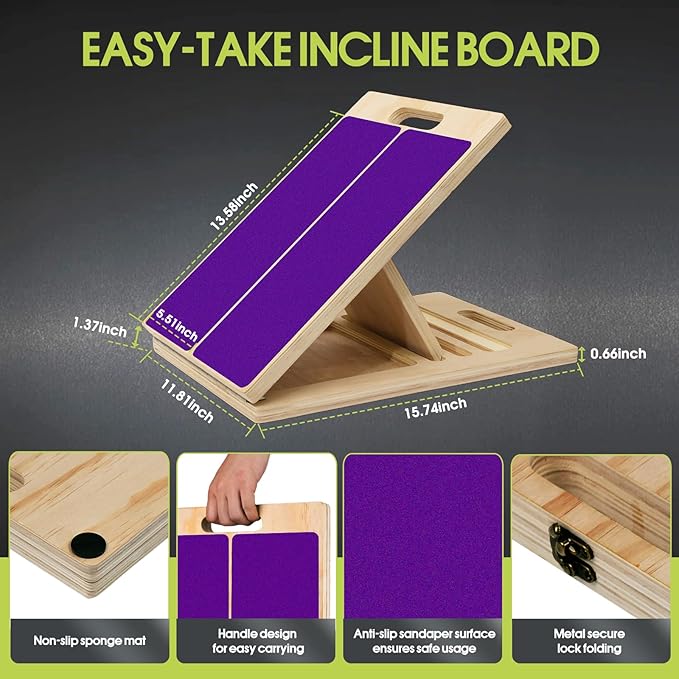 Portable Slant Board for Calf Stretching, 350 Lbs Weight Capacity, Adjustable Wooden Incline Board for Calf Stretcher, Physical Therapy Equipment for Leg, Knees, Heel, Ankle (Purple)