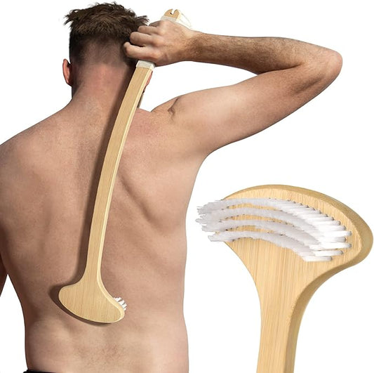 22" Oversized Back Scratcher, Bamboo Body Scratcher for Men and Women, Curved Backscratcher with Long Handle and Wide Nylon Brush Head for Itching Relief, Great for Elders, Pregnant Women