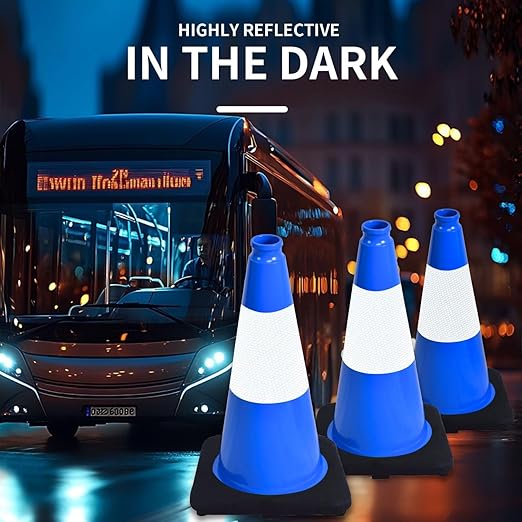 BESEA 4Pack 18 Inch Blue Traffic Cones with 6 Inch Reflective Collar, Heavy Duty PVC Safety Cones with 10.5 x 10.5 Inch Base for Parking, Driving Practice, Sports Training, and Construction