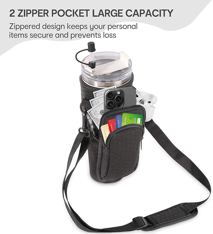 &And Per Se Water Bottle Carrier Bag, 40oz Water Bottle Holder with Detachable Phone Pocket, Food-Grade Straw Cover, Bag Charm and Adjustable Shoulder Strap (Black)
