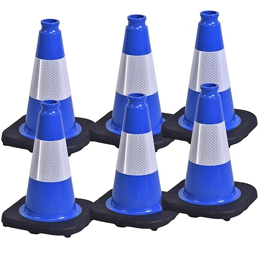 BESEA 6Pack 12 Inch Blue Traffic Cones with 4 Inch Reflective Collar, Heavy Duty PVC Safety Cones with 8.5 x 8.5 Inch Base for Parking, Driving Practice, Sports Training, and Construction