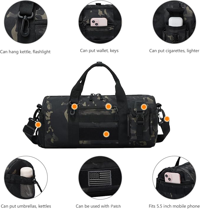 ArcEnCiel Small Tactical Duffle Bag Men Gym Pack Military Molle Shoulder Bags Shoes Storage Sports Handbag with Patch (Black Camo)