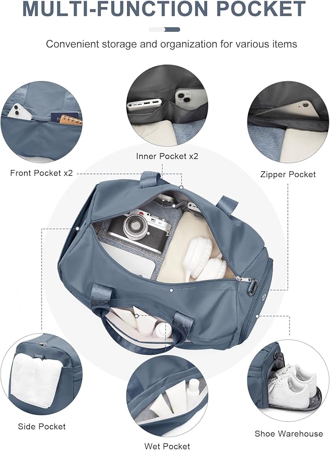 Gym Bag for Women Men with Shoe Compartment, Sport Duffel Bag, Waterproof Travel Weekender Overnight Carry on Bag for Yoga with Trolley Sleeve, Jewel Blue