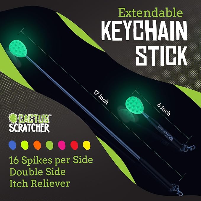 Cactus Scratcher Extendable Keychain Back Scratcher - 16" Long Stick Double Sided Retractable Scratching Tool for Hand, Neck, Head, and Body - Universal Gift for Family, Pets, and Friends, Glow