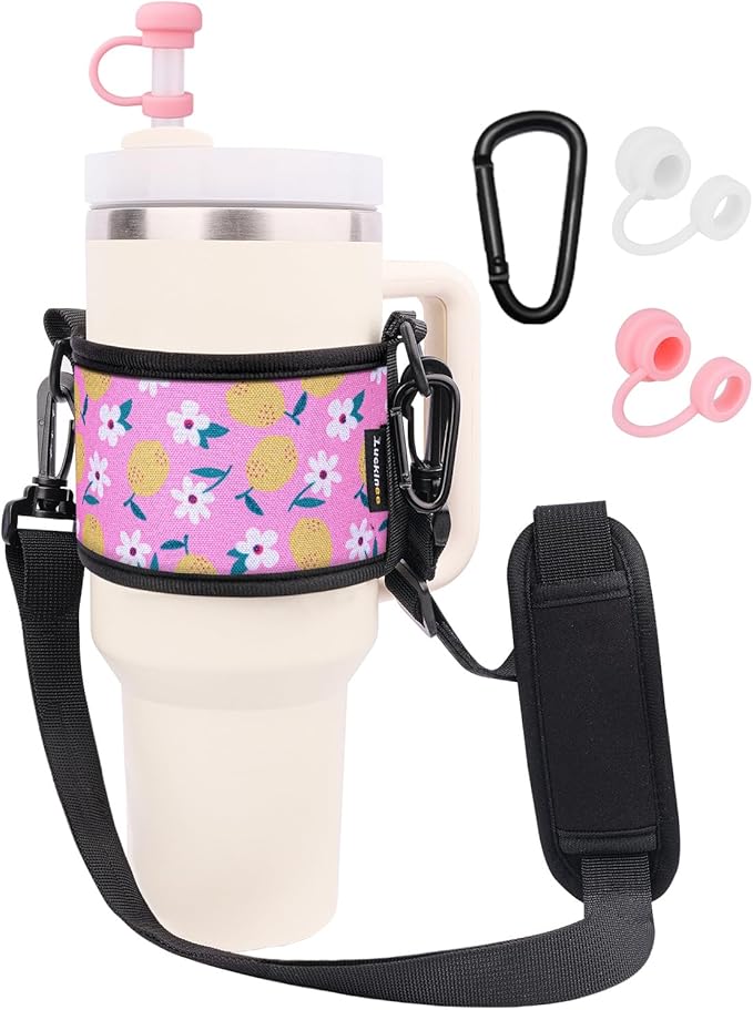 Water Bottle Carrier Holder with Shoulder Strap Water Bottle Handle Strap Sling for Stanley 30&40oz Tumblers with 2pc Straw Covers Toppers for Stanley Cup Accessories (Flower Print)