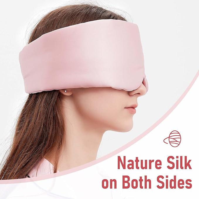 Silk Sleeping Mask Large Wrap-Around Blindfold with Adjustable Velcro Soft Blackout Eye Mask Women (Pink)