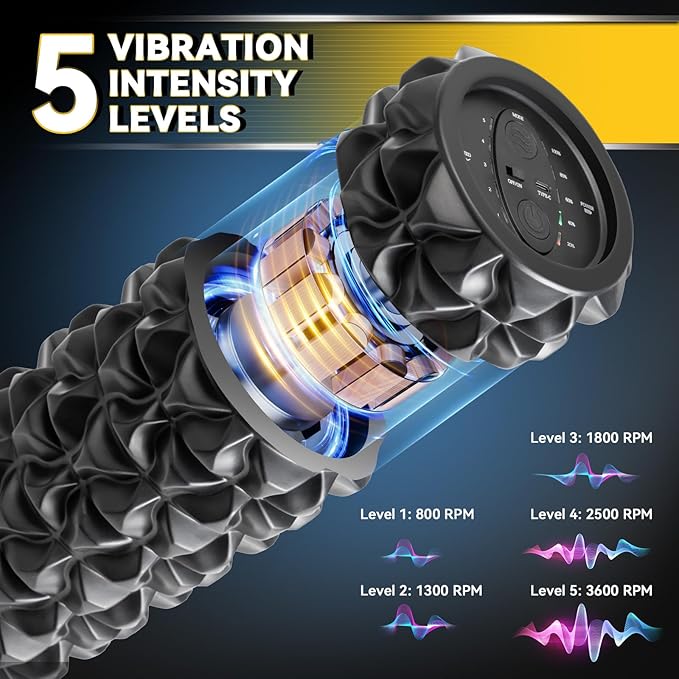 Vibrating Foam Roller, High Density Massage Muscle Roller Back Roller Foam for Back Pain Relief & Muscle Recovery and Physical Therapy, 5-Speed Rechargeable Exercise Roller, 2 Modes
