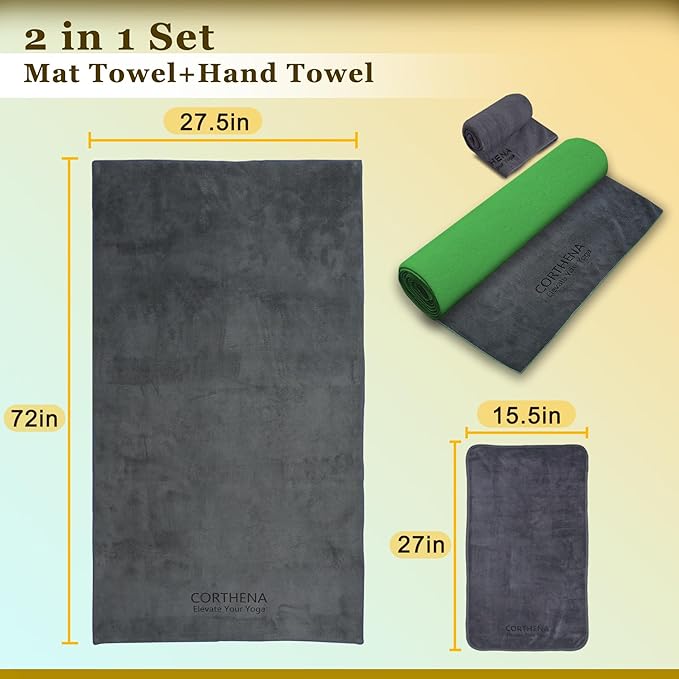 Hot Yoga Towel Set, Extra Thick 600GSM Soft Dual-Color Microfiber Non-Slip Yoga Mat Towel 72 x 27.5 in with Hand Towel, Sweat Absorbent Pilates Towel for Hot Yoga, Fitness, Grey/Green