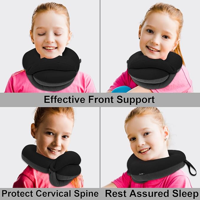 BUYUE Kids Travel Pillows for Airplane, 360° Head Support Sleeping Essentials for Boys Long Flight, Skin-Friendly Soft Neck Pillow for Traveling in Car Seat, (Small, Black Grey, 40-90 lbs)