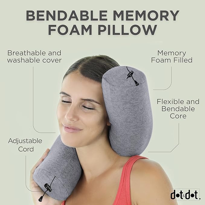 Dot&Dot Twist Memory Foam Travel Pillow for Airplanes - Travel Neck Pillow for Sleeping - Airplane Pillow for Neck Support, Chin, Lumbar and Leg - Adjustable, Bendable Neck Roll Pillow (Gray DBlue AC)