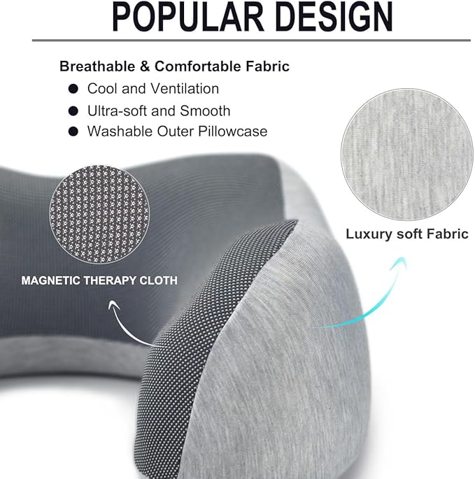 napfun Neck Pillow for Traveling, Travel Neck Pillow for Airplane 100% Pure Memory Foam Travel Pillow for Flight Headrest Sleep, Portable Plane Accessories, Light Grey Set