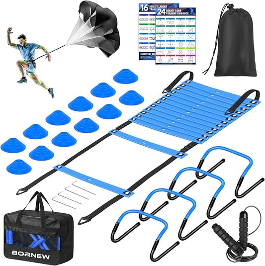 Agility Ladder, Soccer Speed Training Equipment, Football Practise Set with 20ft Ladder, 12 Cones, 4 Adjustable Hurdles, Jump Rope, Parachute, for Basketball, Football, Kids, Youth, Adults