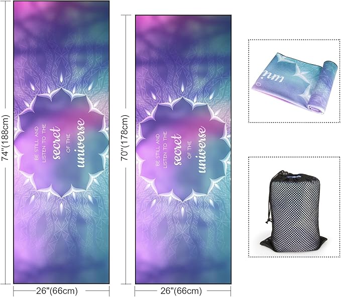 Colorful Star Yoga Towel with Corner Pockets, Non Slip Grip Dots Sweat Absorbent Hot Yoga Mat Towels, Yoga Blankets with Travel Bag, Mat Cover for Workout, Gym, Fitness - 70"x26", Purple Blue Lotus