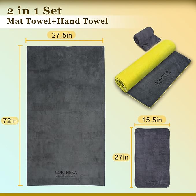 Hot Yoga Towel Set, 600GSM Yoga Mat Towel Extra Thick Dual-Color Microfiber, Soft Non-Slip Sweat Absorbent, 72" x 27.5" with Matching Hand Towel for Hot Yoga, Pilates, Fitness, Grey/Yellow