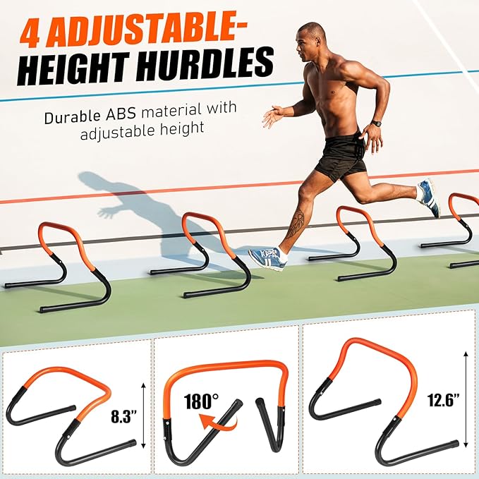 Agility Ladder, Soccer Speed Training Equipment, Football Practise Set with 20ft Ladder, 12 Cones, 4 Adjustable Hurdles, Jump Rope, Parachute, for Basketball, Football, Kids, Youth, Adults