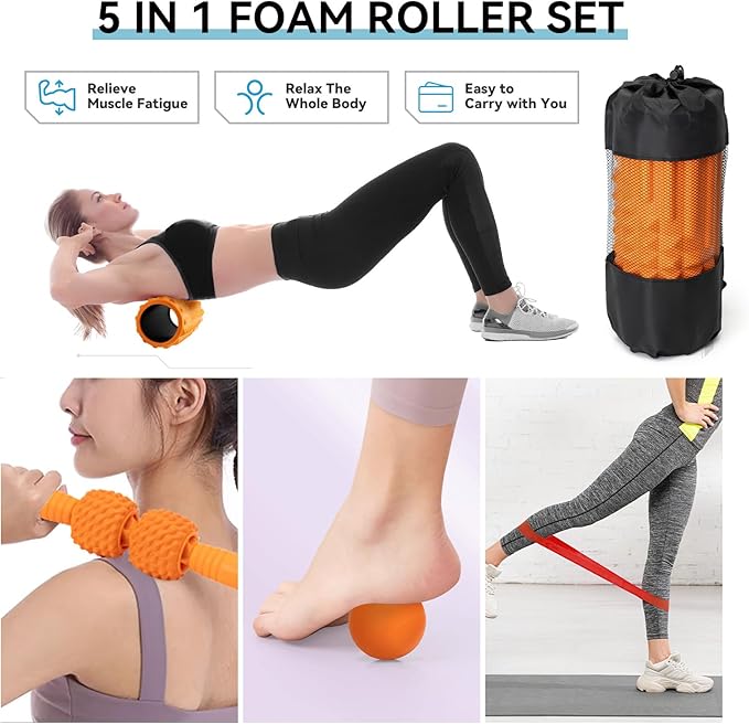5 in 1 Foam Roller Set, High Density Fitness Exercise Foam Roller for Deep Tissue Muscle Massage, Massage Roller, Massage Ball, Resistance Band, for Whole Body(Orange)