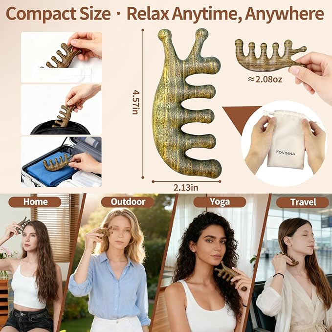 Green Sandalwood 4-in-1 Massage Comb & Gua Sha Tool for Scalp, Face & Body – Natural Wooden Comb for Relaxation, Stress Relief & Hair Care – Luxury Self-Care Gift for Women, Mom & Girlfriend
