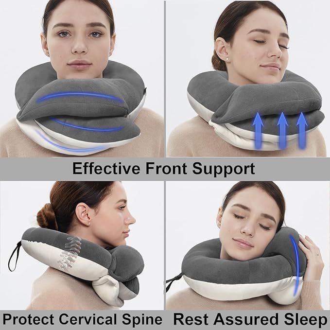 BUYUE Travel Neck Pillows for Airplanes, 360° Head Support Sleep for Long Flight, Skin-Friendly & Breathable, Kit with 3D Contoured Eye Mask, Earplugs and Storage Bag (Adult, Grey, 90+ lbs)