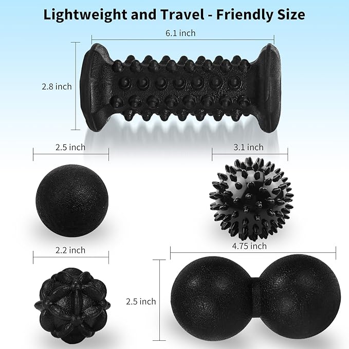 Massage Ball & Foot Roller 5 in 1 Set,Foot Massager Roller-Lacrosse,Peanut,Spiky,Hand Exercise Massage Ball for Plantar Fasciitis Relief and Myofascial Release,Deep Tissue Massage,Reflexology Tool