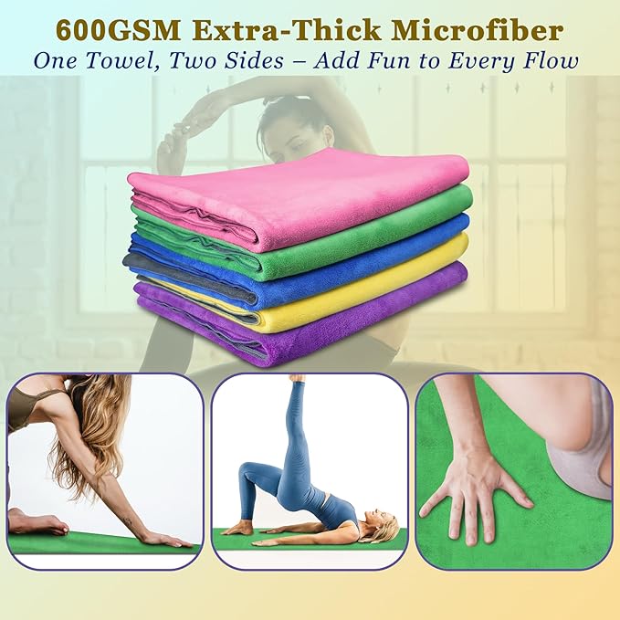 Hot Yoga Towel Non Slip Extra Thick Yoga Mat Towel + Hand Towel 2in1 Set, Dual-Sided Sweat Absorbent Microfiber for Hot Yoga, Pilates, Fitness (70"x25.5"+27"x15.5"), Grey Front with Green