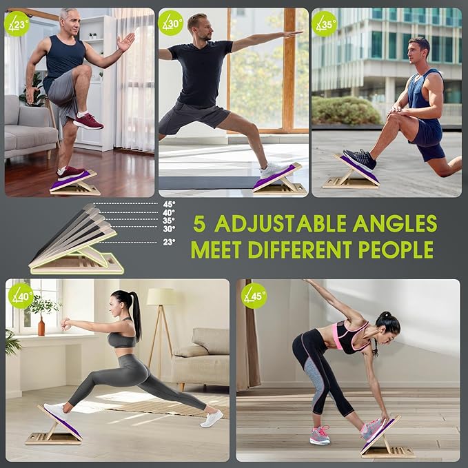 Portable Slant Board for Calf Stretching, 350 Lbs Weight Capacity, Adjustable Wooden Incline Board for Calf Stretcher, Physical Therapy Equipment for Leg, Knees, Heel, Ankle (Purple)