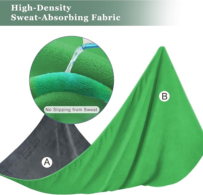 Hot Yoga Towel Non Slip Extra Thick Yoga Mat Towel + Hand Towel 2in1 Set, Dual-Sided Sweat Absorbent Microfiber for Hot Yoga, Pilates, Fitness (70"x25.5"+27"x15.5"), Grey Front with Green