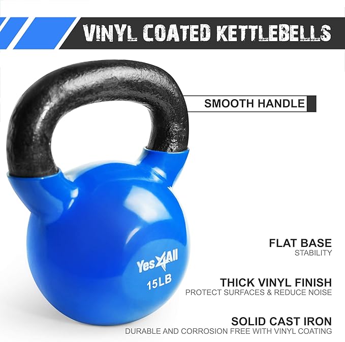 Yes4All Kettlebell, Vinyl Coated Kettlebell Cast Iron Sets with Stable Flat Bottom for Full Body Workout, Push up, Grip Strength Training & Weights Exercises