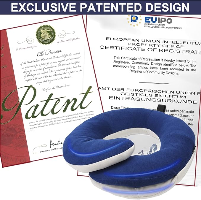 BUYUE Travel Neck Pillows for Airplanes, 360° Head Support Sleep for Long Flight, Skin-Friendly & Breathable, Kit with 3D Contoured Eye Mask, Earplugs and Storage Bag (Adult, Navy Blue, 90+ lbs)