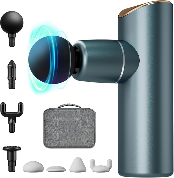 Massage Gun,Deep Tissue Muscle Massager,Brushless Motor Portable Full-Metal Travel,Equipped with 4 Speeds & 8 Massage Heads, Gifts, Home, Athletes, Office (Gray Green)