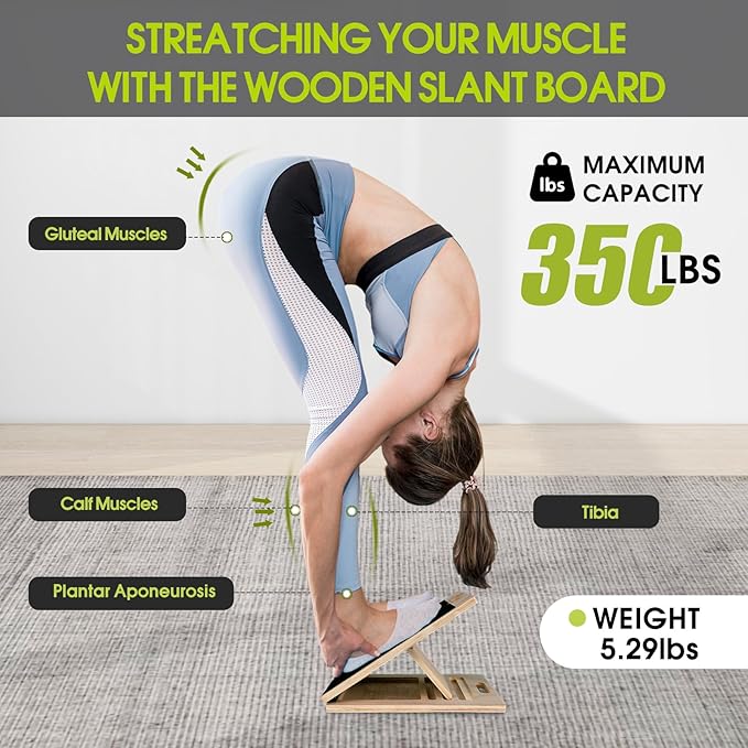 Portable Slant Board for Calf Stretching, 350 Lbs Weight Capacity, Adjustable Wooden Incline Board for Calf Stretcher, Physical Therapy Equipment for Leg, Knees, Heel, Ankle (Black)