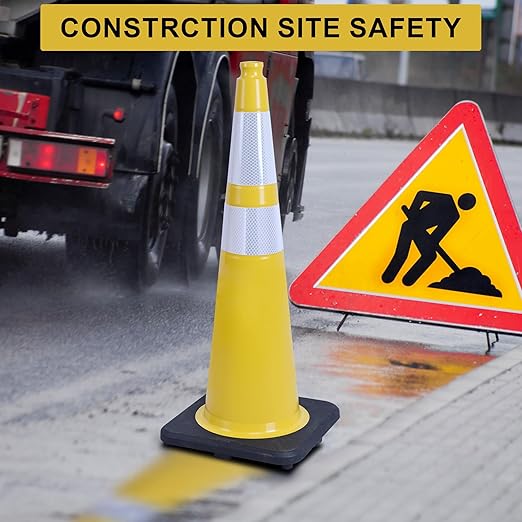 OrangeStar 4-Pack 36" Yellow Traffic Cones with Weighted Rubber Base, 2 Reflective Collars, Large Safety Cones for Parking Lot, Road Construction, Warehouse, Highway, Weatherproof PVC