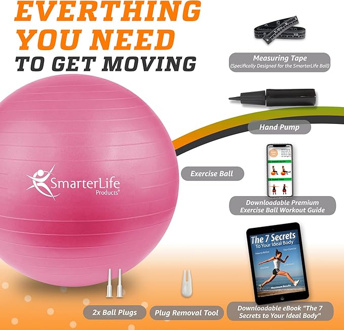 SmarterLife Exercise Ball Yoga Ball for Fitness, Balance, Stability, or Pregnancy, Gym Ball for Core Workout, Physical Therapy, Yoga Ball Chair for Office, Anti-Slip Anti-Burst