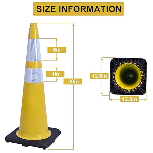 OrangeStar 6-Pack 36" Yellow Traffic Cones with Weighted Rubber Base, 2 Reflective Collars, Large Safety Cones for Parking Lot, Road Construction, Warehouse, Highway, Weatherproof PVC