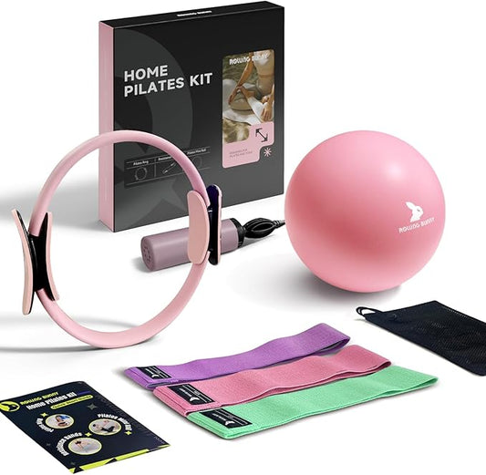 Home Pilates Kit - 13.8" Pilates Ring with Padded Handles, Mini Ball, 3 Resistance Bands for Full Body Exercise, Workout Guide