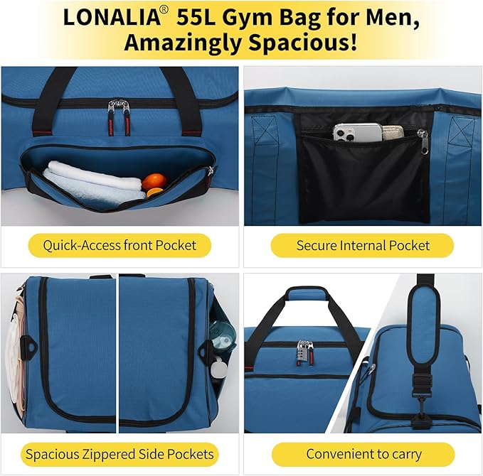 55L Large Duffle Bag for Men - 22 inch Men's Sports Gym Bag Heavy Duty Duffel Bag (Blue)