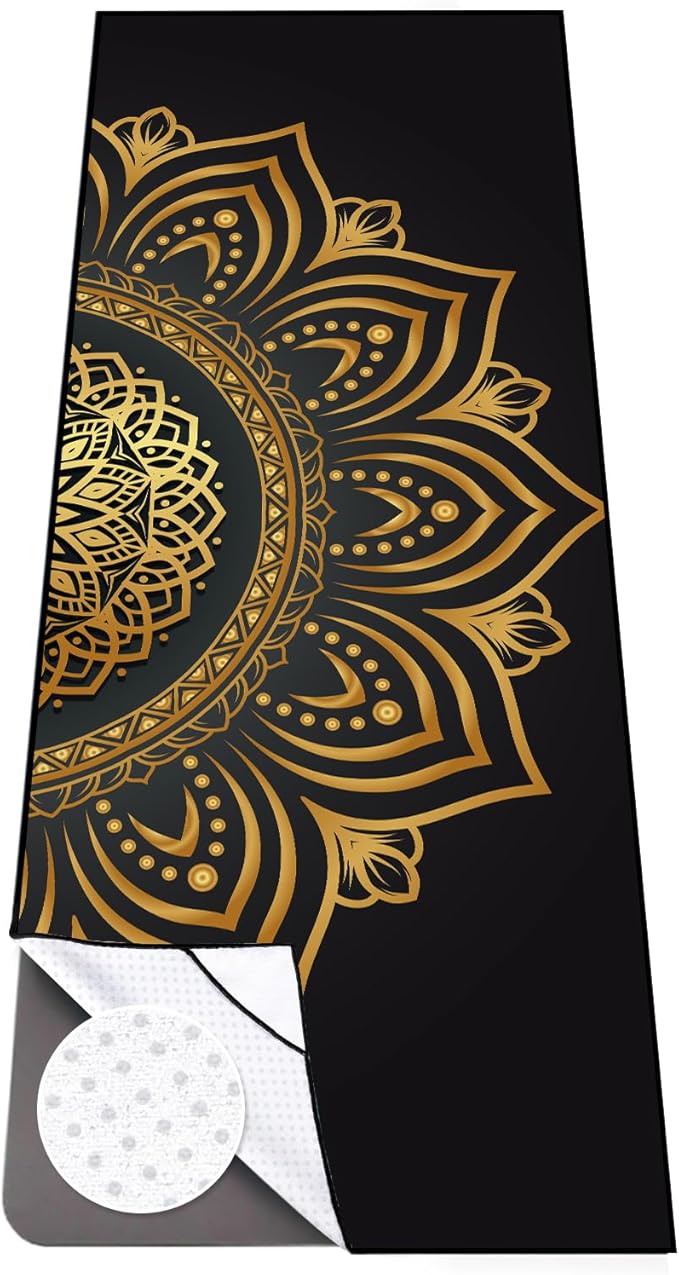 Colorful Star Yoga Towel with Corner Pockets, Non Slip Grip Dots Sweat Absorbent Hot Yoga Mat Towels, Soft Yoga Blankets with Travel Bag, Mat Cover for Workout, Gym, Fitness - 70"x26", Gold Mandala