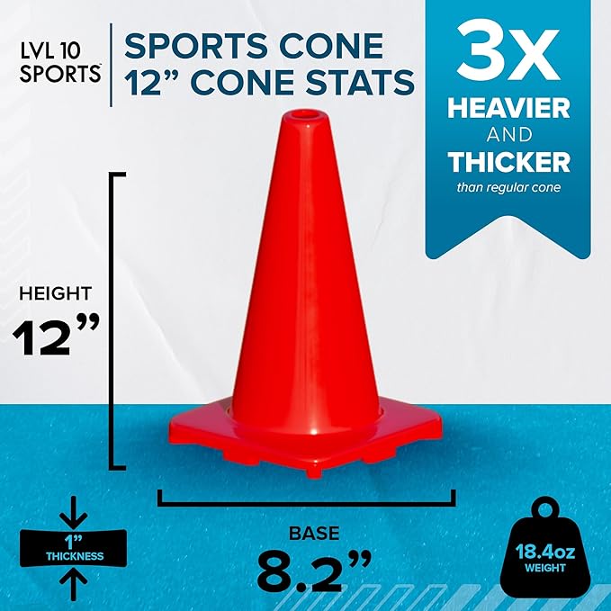 LVL10 Pro Training Cones - 12" Large Soccer Cones for Sports Training - for Basketball, Football, Basketball and Agility Drills - Soccer Field Markers That Won't Crack, Slide or Fly