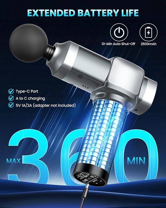 Deep Tissue Massage Gun, Portable Percussion Electric Muscle Massager for Pain Relief, Handheld Massagers with 30 Speeds & 6 Attachments for Back and Neck, Gifts for Men Women