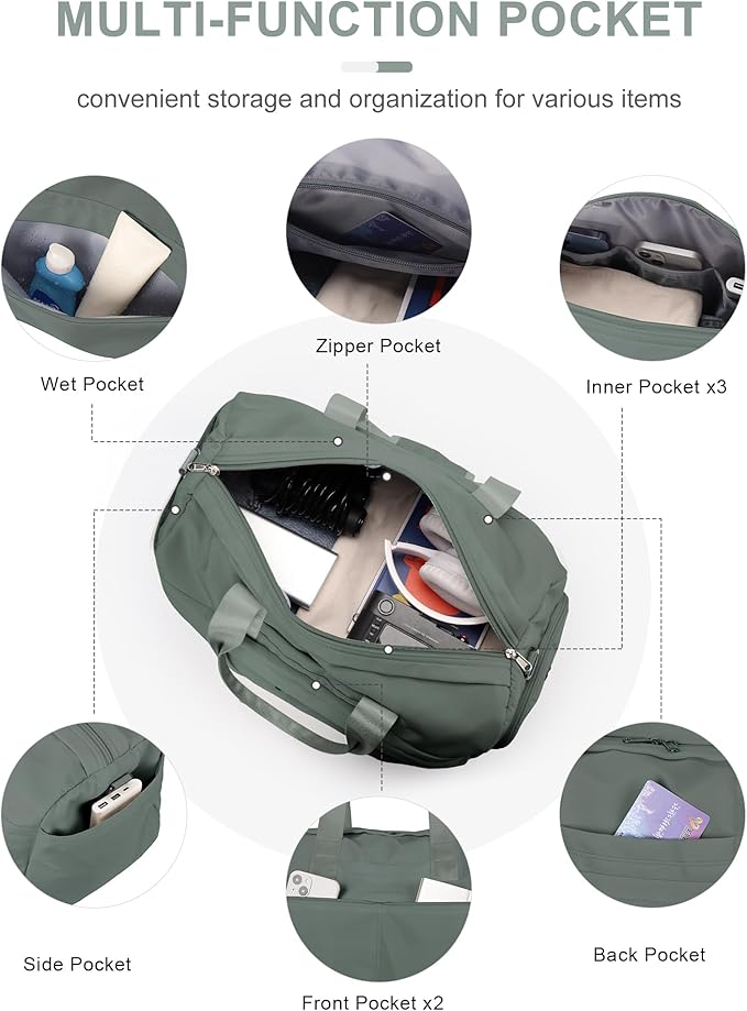 Gym Bag for Women Men, Sport Duffel Bag with Toiletry Bag & Shoe Compartment,Waterproof Travel Weekender Overnight Carry on Bag for Yoga with Trolley Sleeve, Green Set