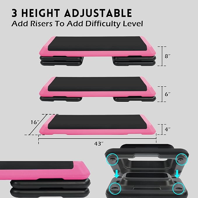 Fitvids Step Aerobic Platform, Exercise Step with 5 levels Adjustable Height, 4 Stackable Risers, Fitness Training Workout Stepper for Home Gym, Cardio Strength, Multiple Options