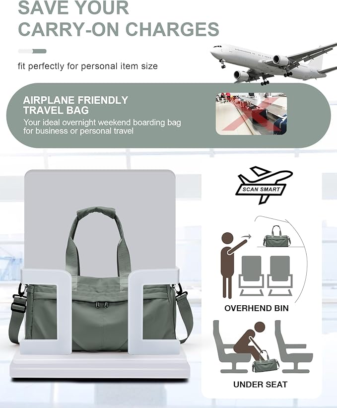 Gym Bag for Women Men, Sport Duffel Bag with Toiletry Bag & Shoe Compartment,Waterproof Travel Weekender Overnight Carry on Bag for Yoga with Trolley Sleeve, Green Set