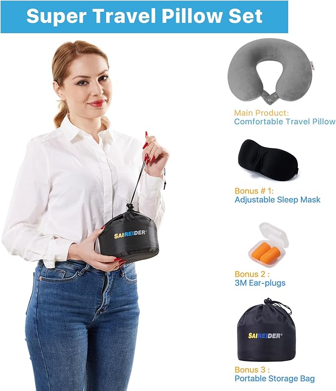 SAIREIDER Airplane Pillow 100% Memory Foam Neck Pillow for Airplanes Flight Rest Best Adjustable Travel Neck Support Pillows-Prevent The Heads from Falling Forward (Grey)